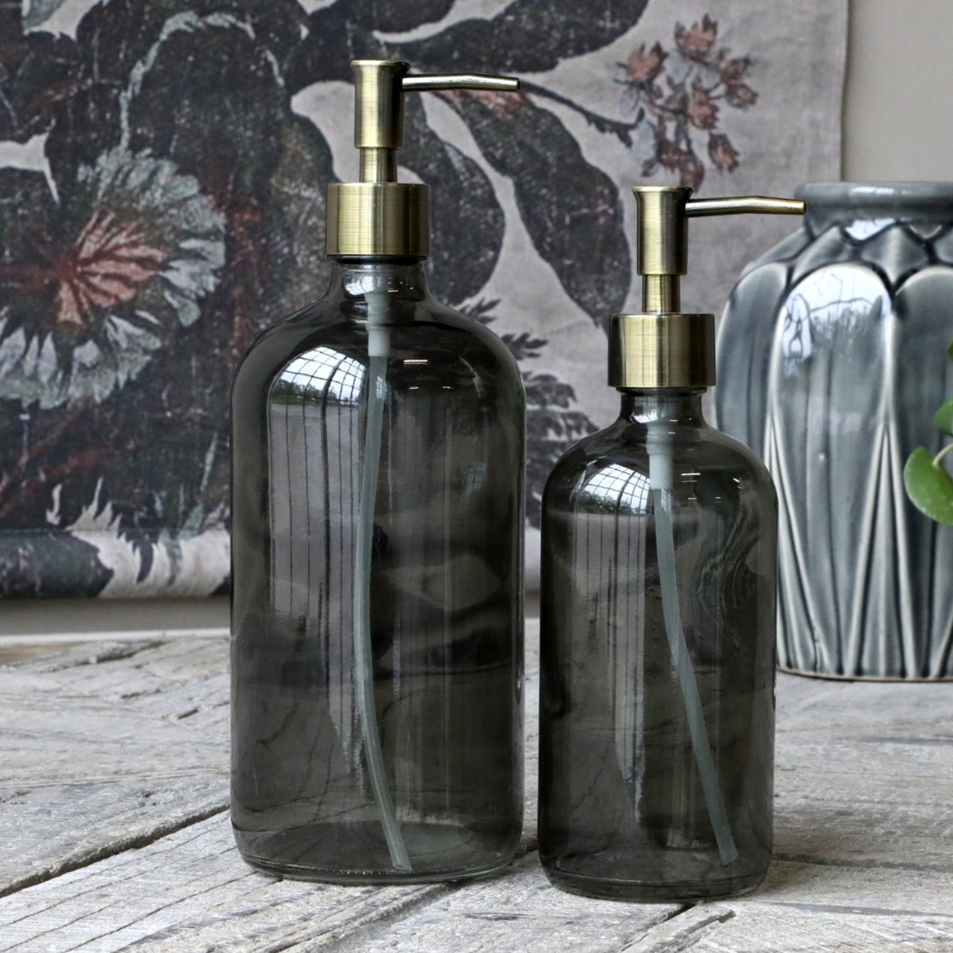 Smoke Grey Glass Bottle With Brass Pump - Various Sizes