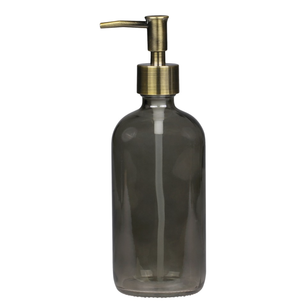 Smoke Grey Glass Bottle With Brass Pump - Various Sizes