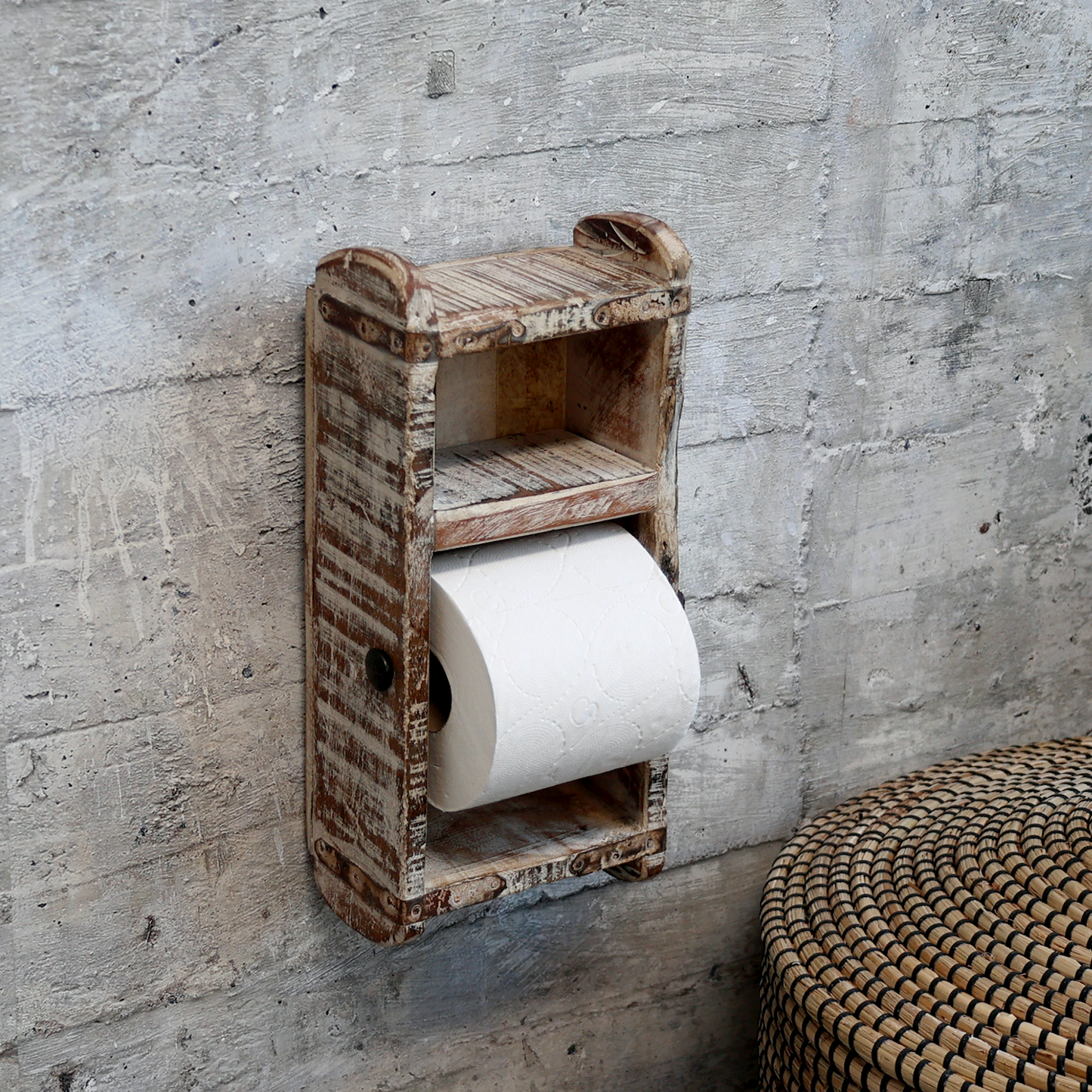White Washed Vintage Box Toilet Roll Holder