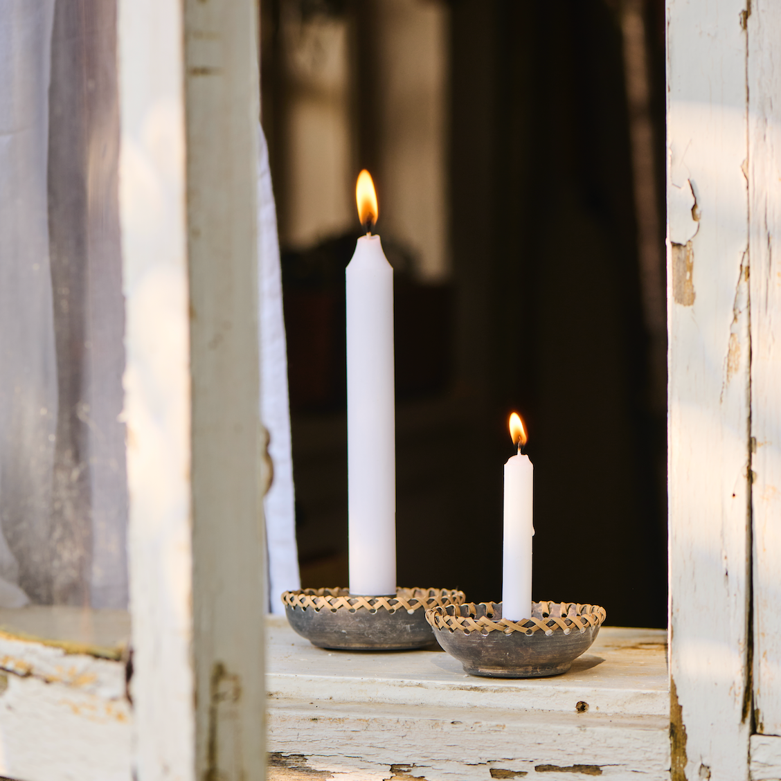 Distressed Metal And Rattan Candle Holder And Candle Gift Set
