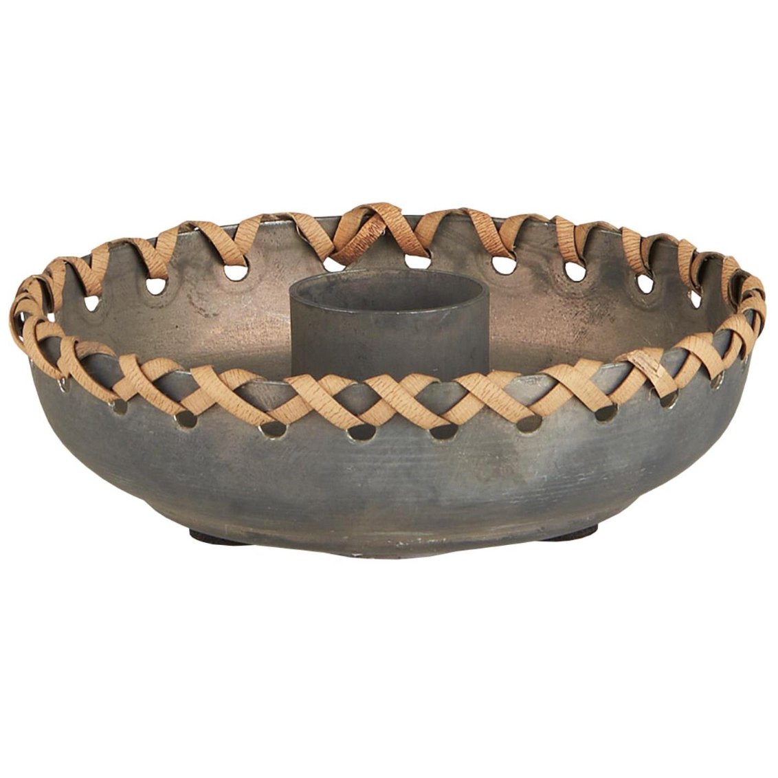 Distressed Metal And Rattan Candle Holder And Candle Gift Set