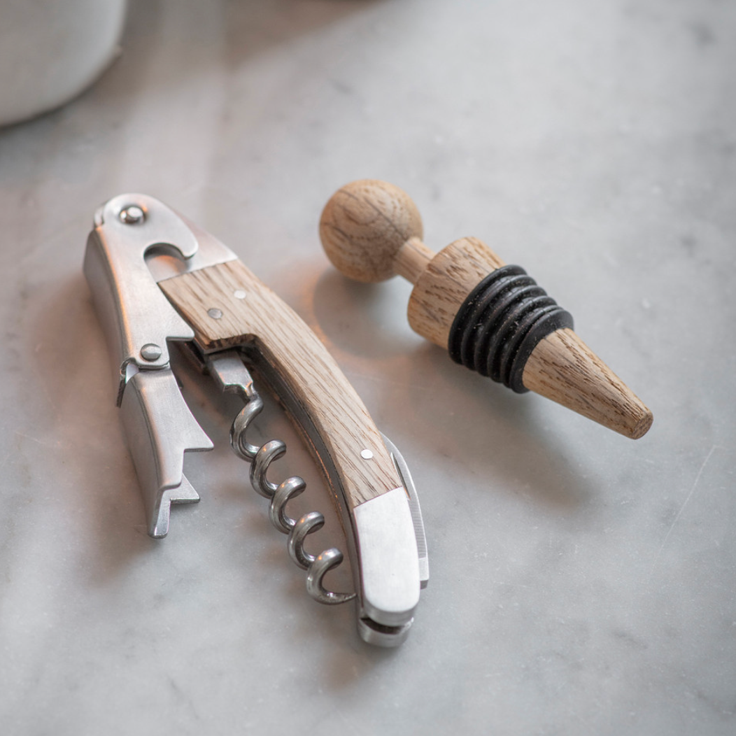 Oak Handled Bottle Opener and Stopper Set