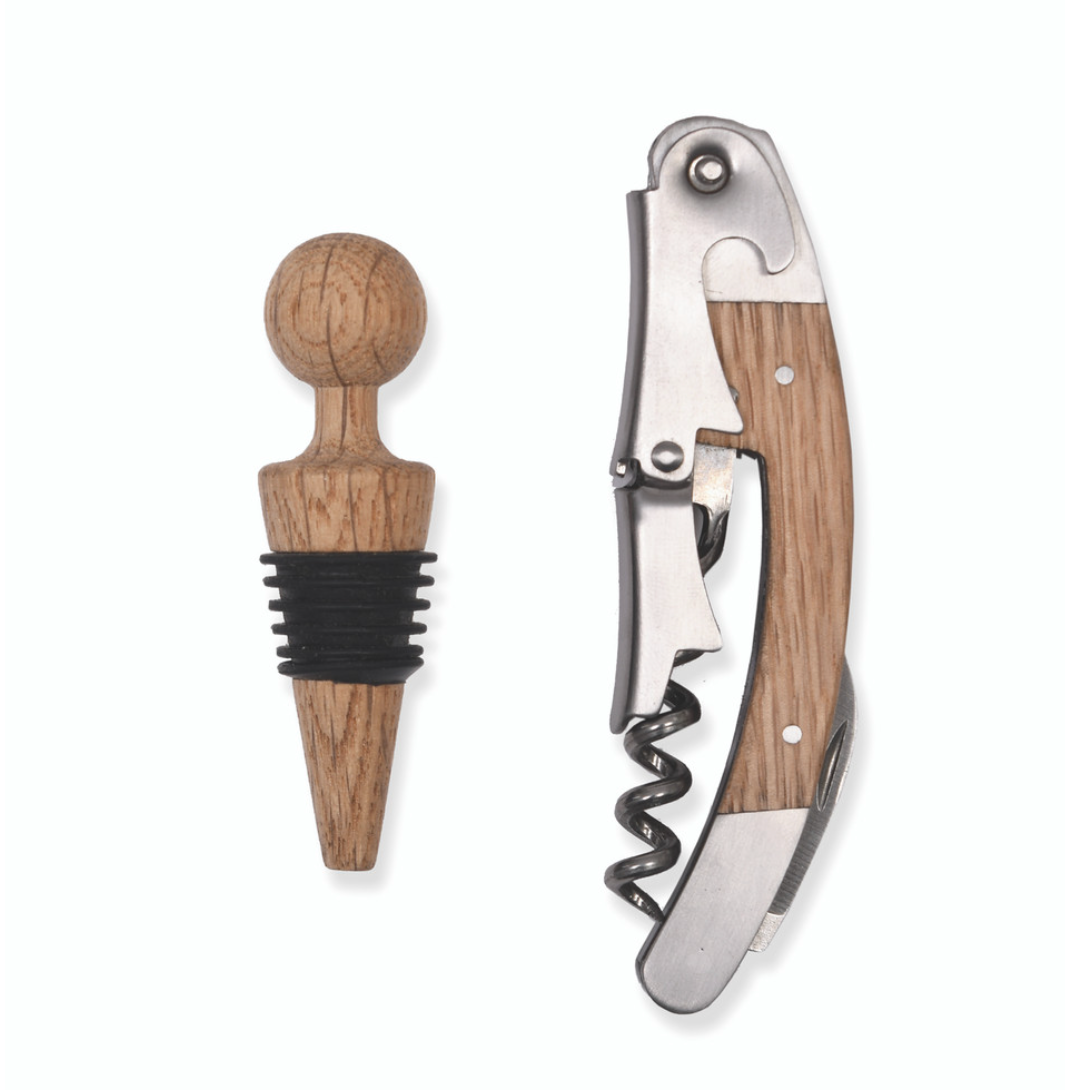 Oak Handled Bottle Opener and Stopper Set