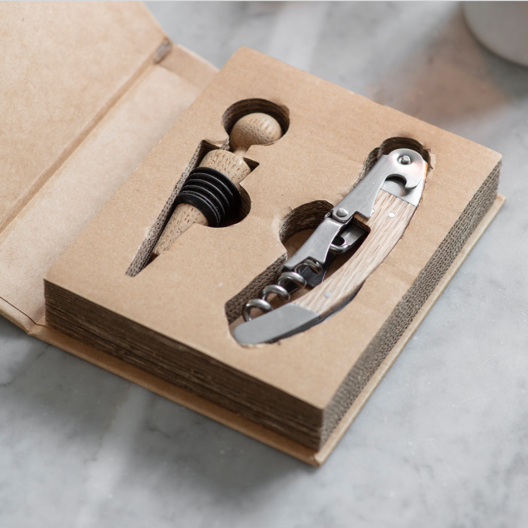 Oak Handled Bottle Opener and Stopper Set