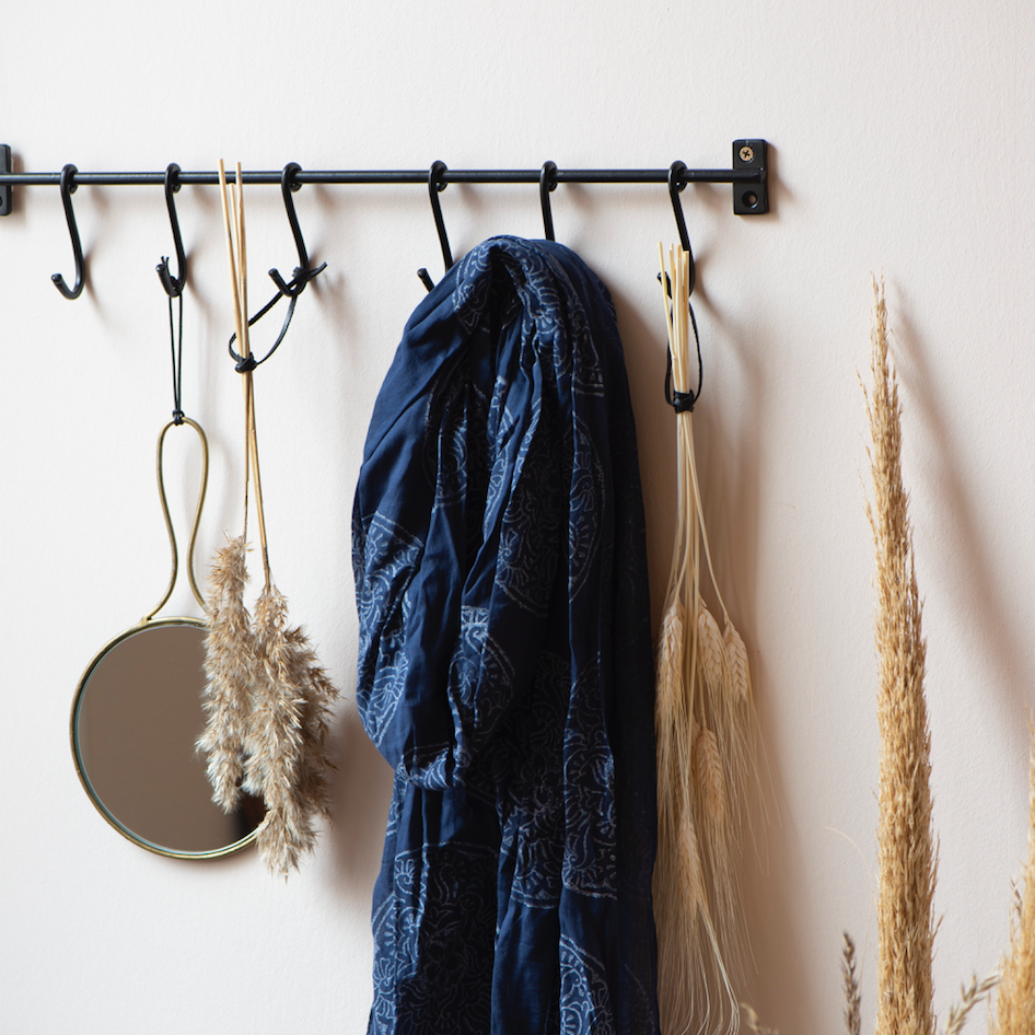 Black Industrial Wall Rail With Six Hooks