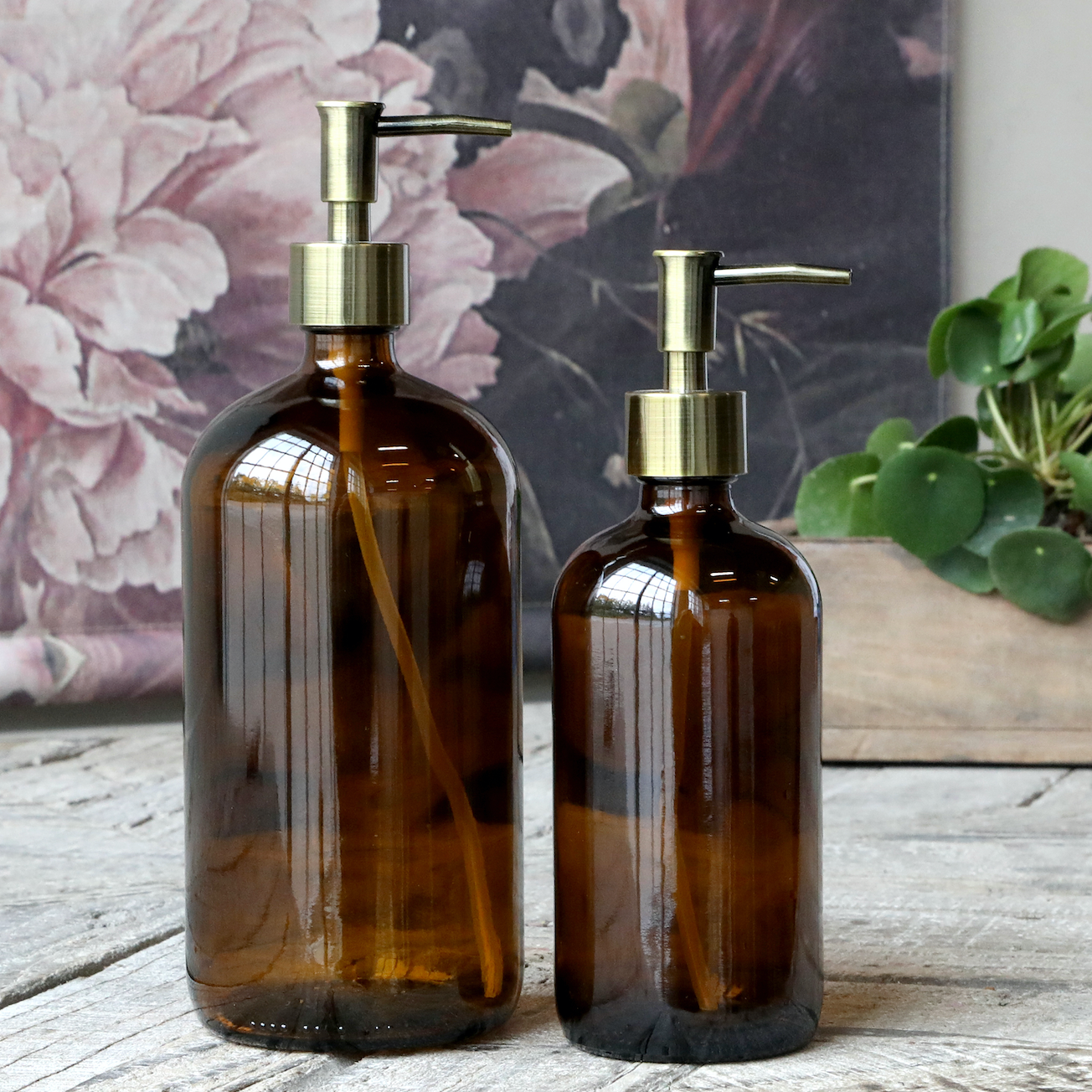 Amber Glass Bottle With Brass Pump Various Sizes attic.room