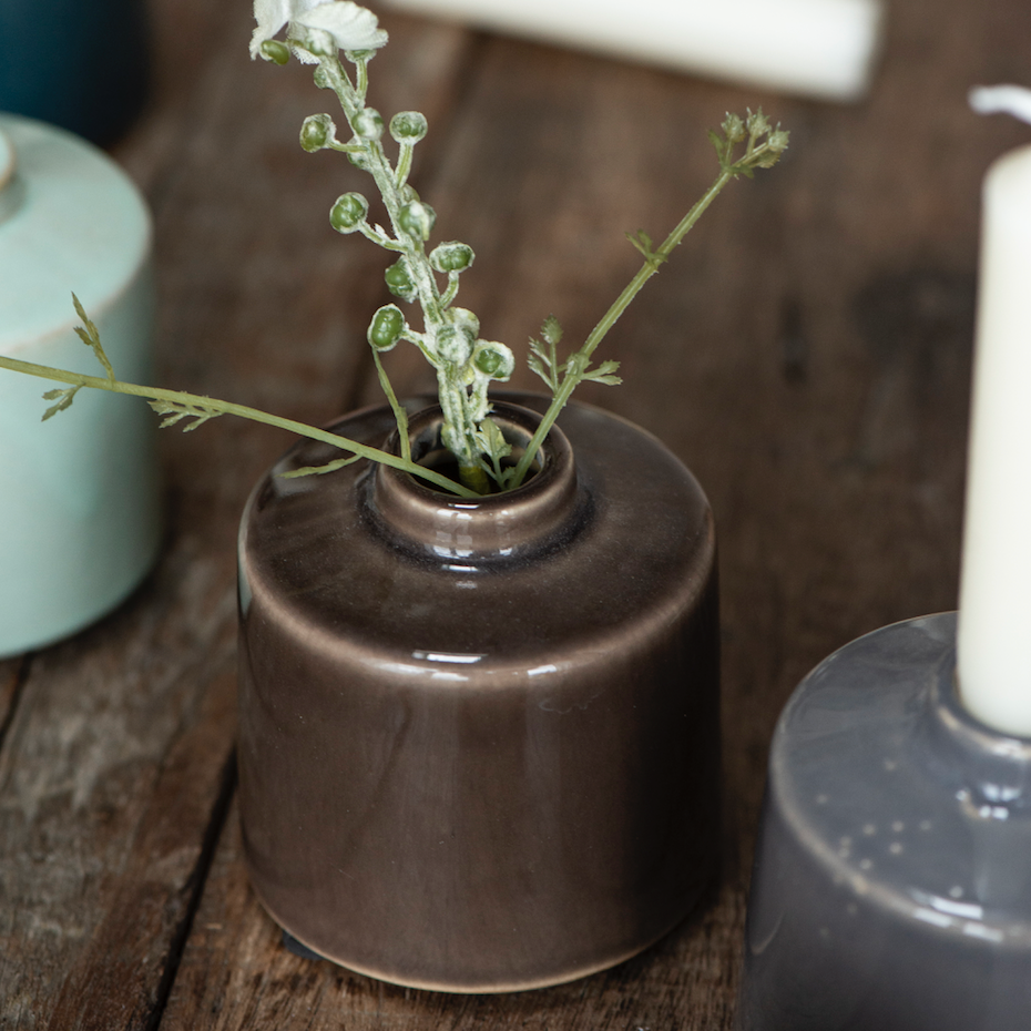 Small Brown Ceramic Vase and Candleholder