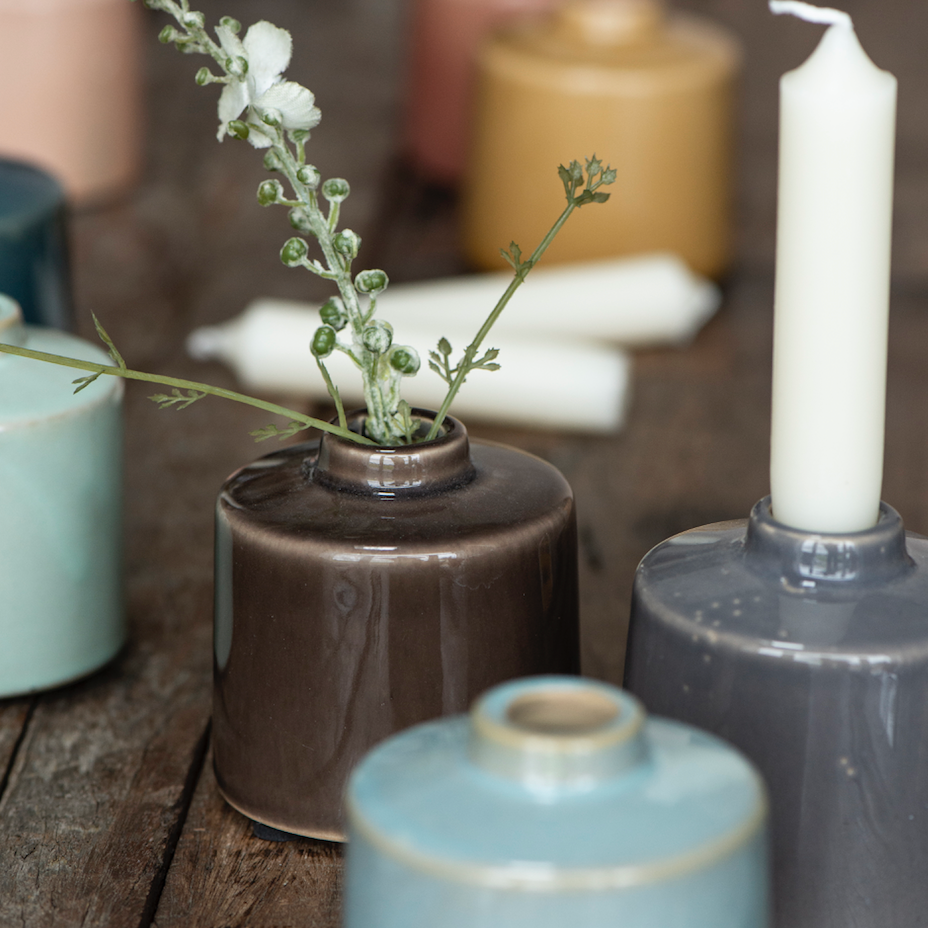 Small Brown Ceramic Vase and Candleholder