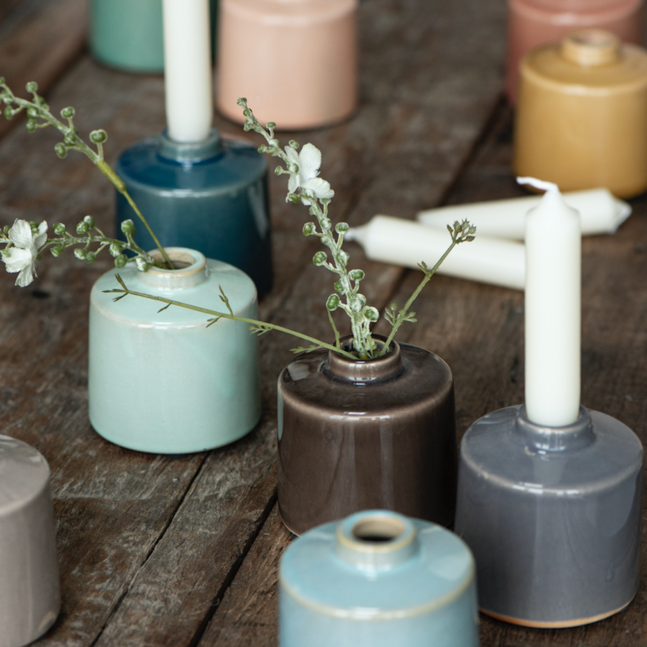 Small Brown Ceramic Vase and Candleholder