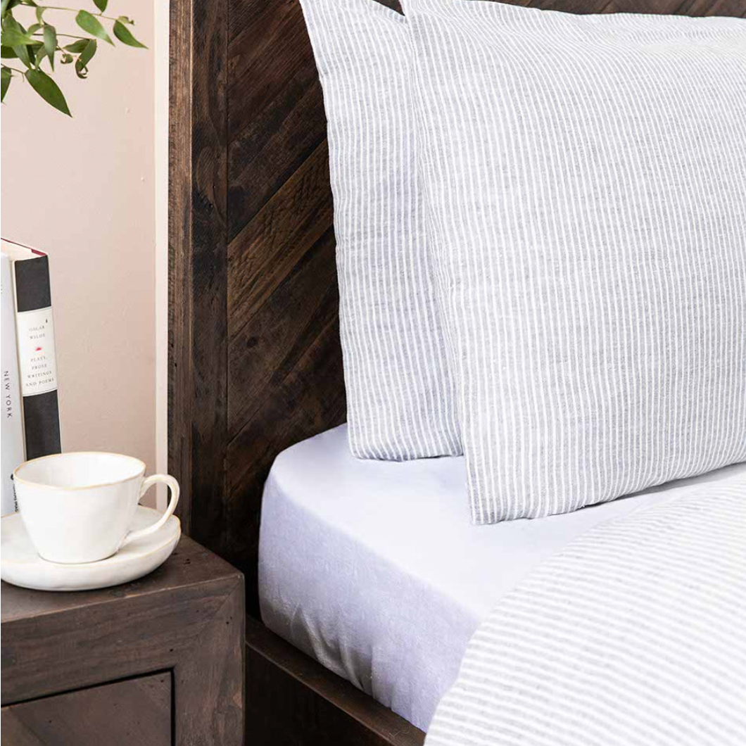 Grey and White Stripe Linen Set of Two Pillowcases