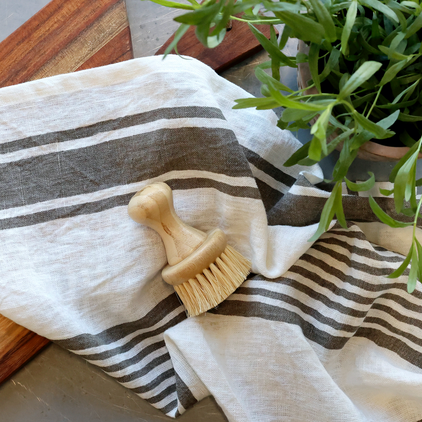 Set Of Two French Grey Grain Sack Stripe Tea Towels