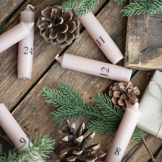 Set Of Short Dusky Pink Christmas Advent Candles With Black Numbers