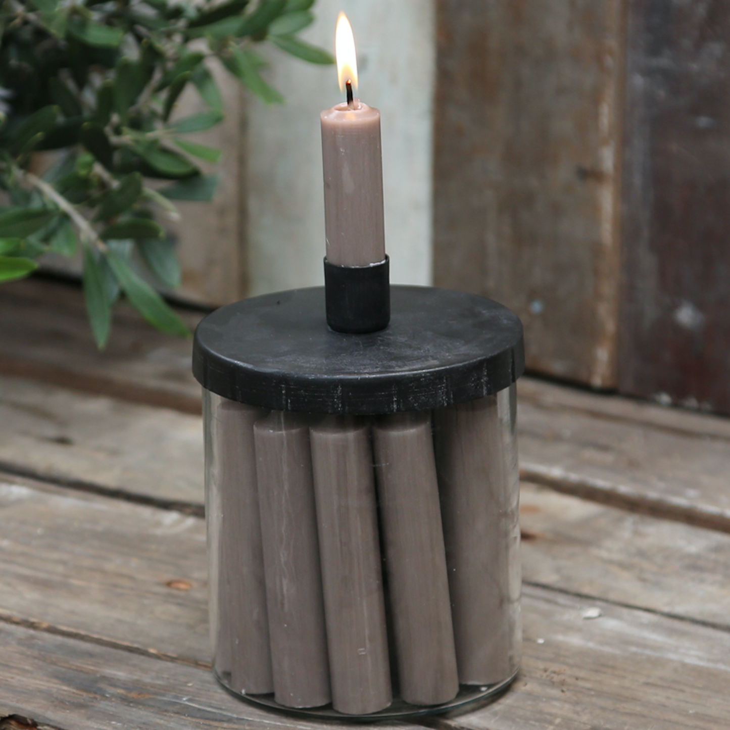 Glass Candle Holder With Black Iron Cover