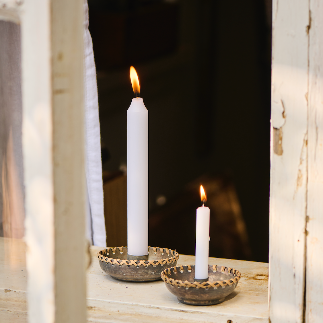 Distressed Metal And Rattan Candle Holder And Candle Gift Set