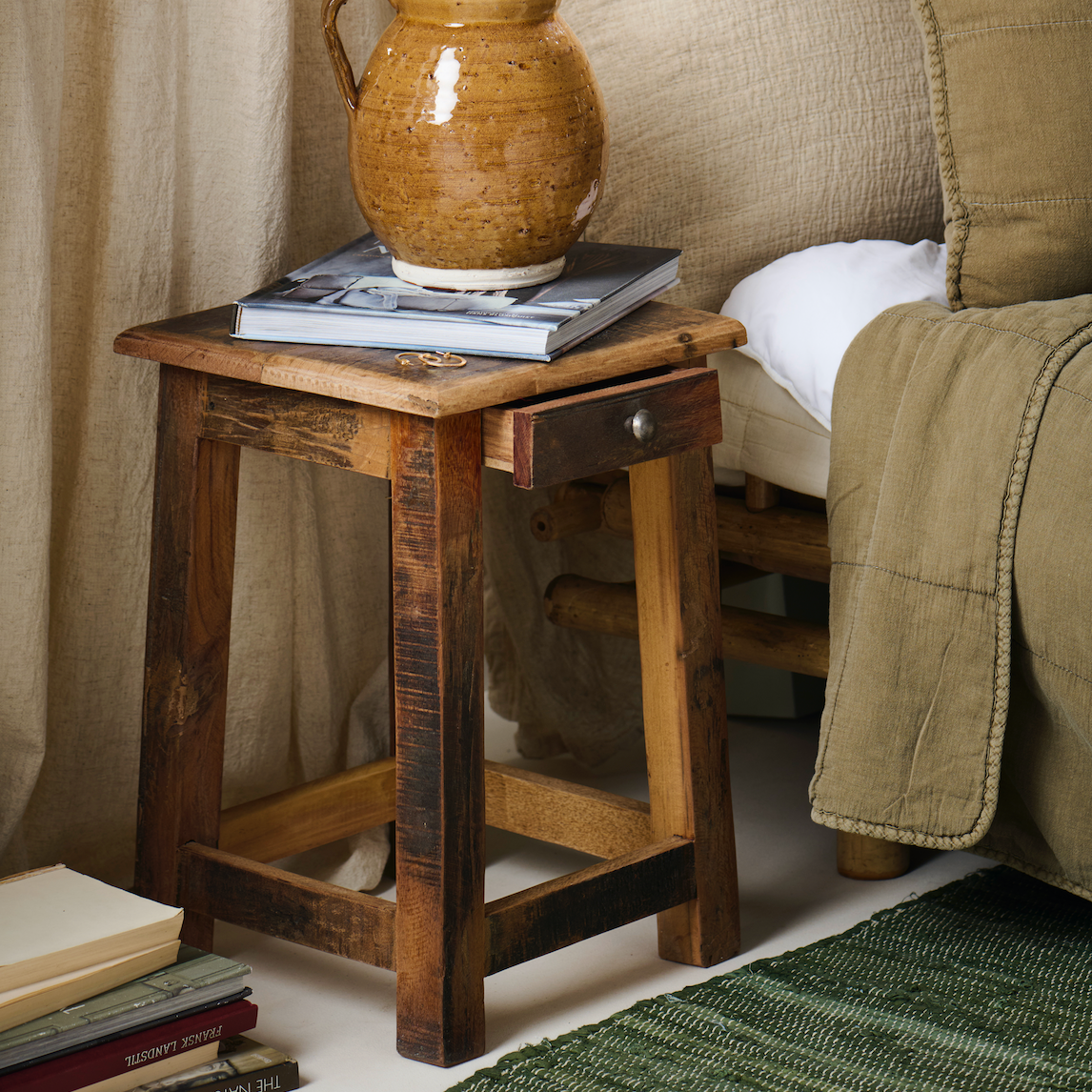 Reclaimed Wood Stool Side Table With Drawer