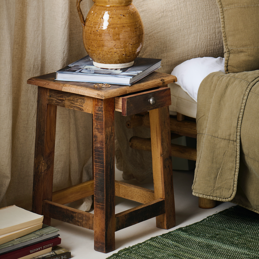 Reclaimed Wood Stool Side Table With Drawer