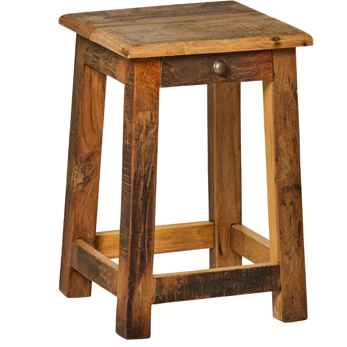 Reclaimed Wood Stool Side Table With Drawer
