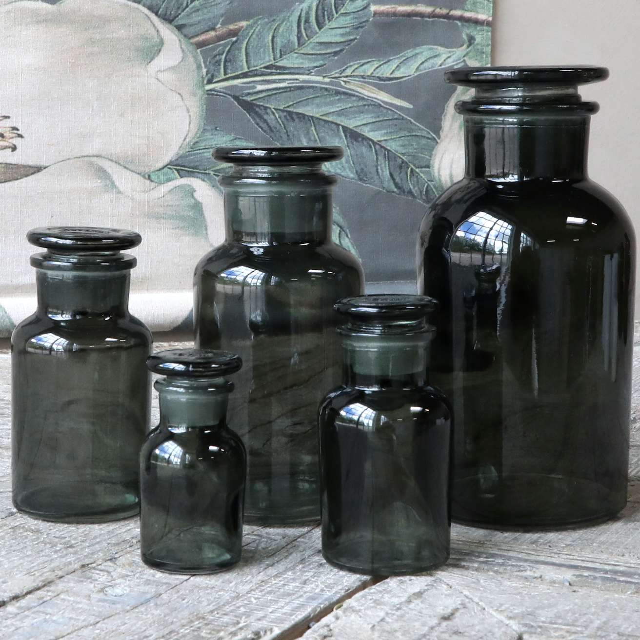 Set Of Five Smoke Glass Apothecary Jars